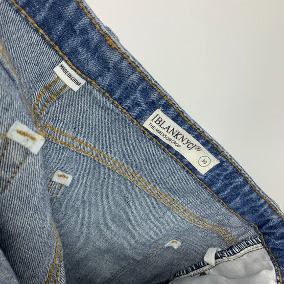 BlankNYC Jeans Madison Crop Blue Distressed Denim Raw Hem - Picture 3 of 12